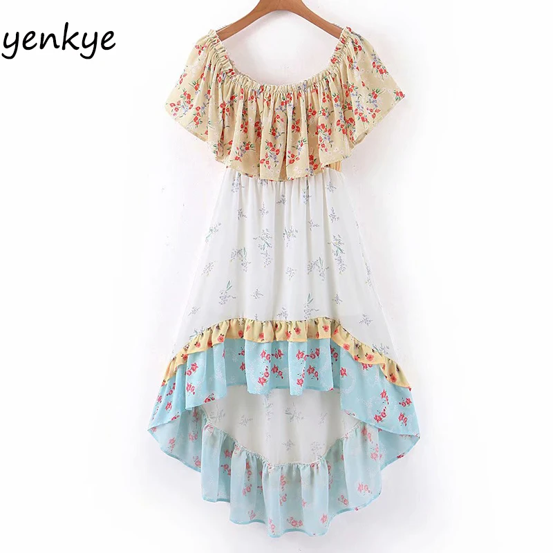 Женское асимметричное платье с цветочным принтом лоскутное открытыми плечами и