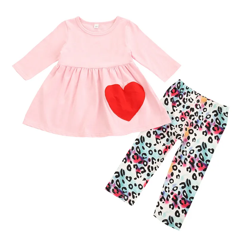 

0-4T Infant Kids Baby Suit Girls Long-sleeved Trousers Suit Fashion Heart Patchwork Round Neck T-shirt and Leopard Long Pants