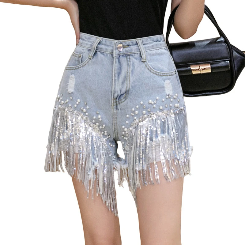 

Women's denim shorts 2021 summer wear new high waist slimming beaded sequins tassels diamond pearl frayed wide-leg pants shorts