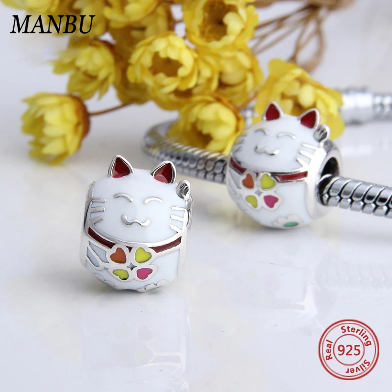MANBU Серебро 925 оригинальные амулеты трендовые милые бусины кошка fit pandora браслет