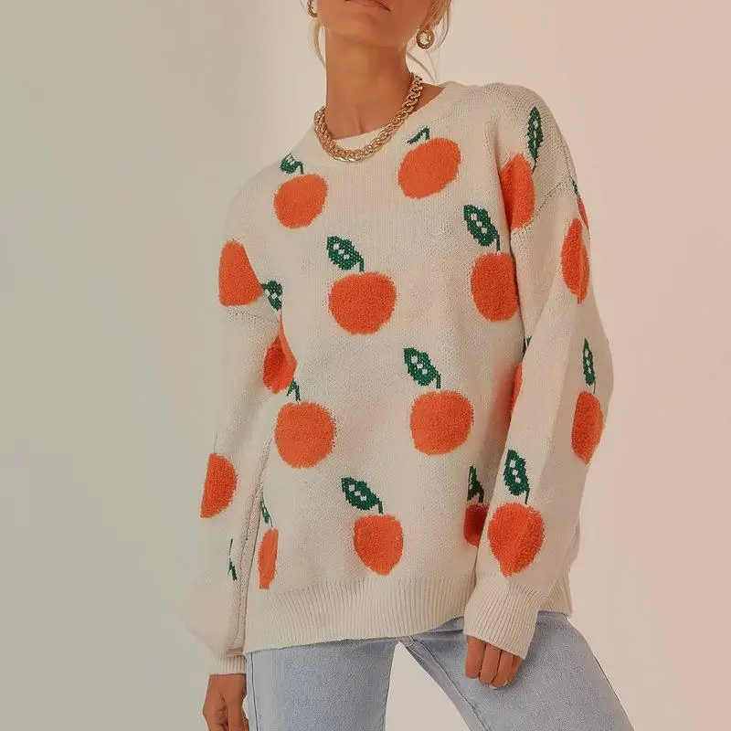 

Casual Embroidery Printed O-Neck Oversized Knitted Long-Sleeved Pullover Sweaters Women's Fall Winter Sweet Fashion Cute Sweater