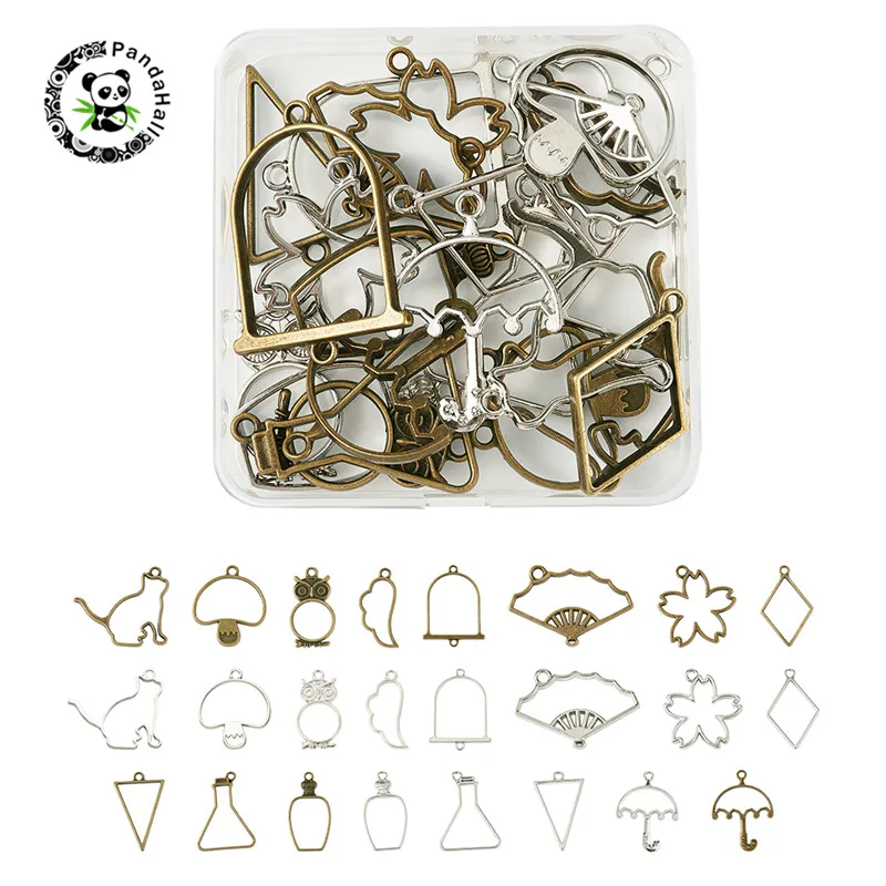 

pandahall 24pcs/Box Rack Plating Alloy Open Back Bezel Pendants for DIY Pressed Flower Jewelry Mixed Shapes Mixed Color