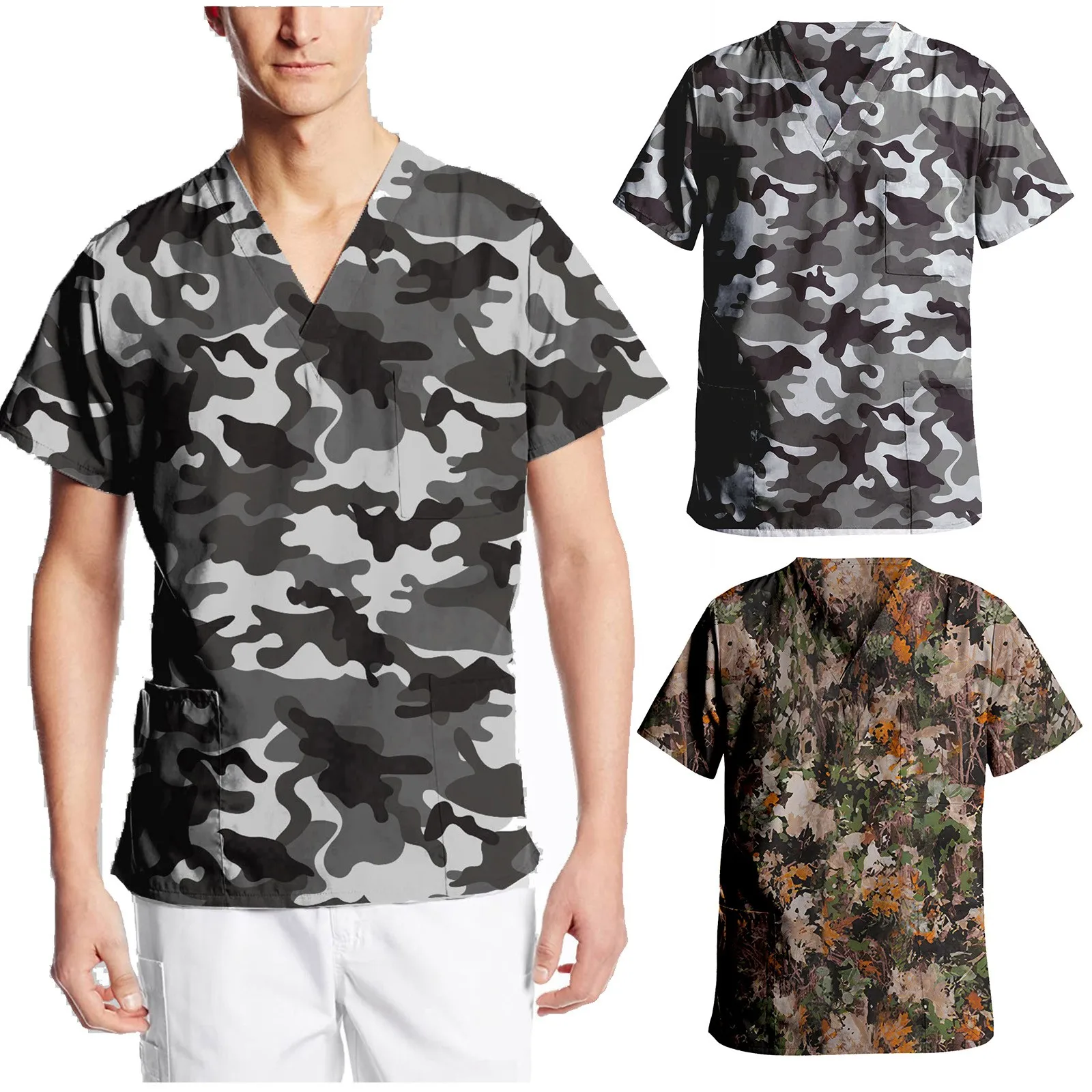 

Hospital Laboratory Men Nursing Working Uniform T-shirts With Pocket Short Sleeve Camouflage Print V-Neck Scrubs Tops A50