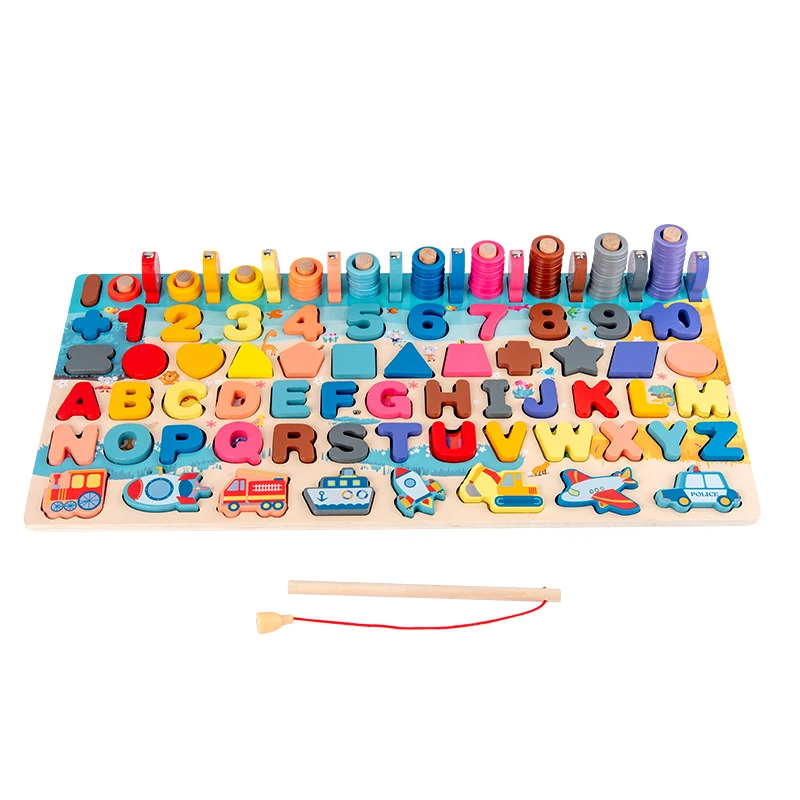 

Montessori Educational Wooden Toys Seven in one Number Plate Preschool Children's Fishing Puzzle Baby Early Education Math Toys