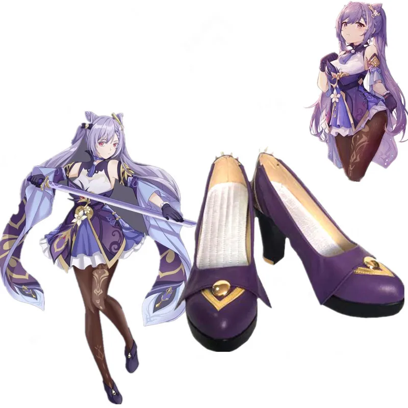 

Zapatos de Cosplay de Game Genshin Impact Keqing para mujer, zapatos de tacón alto de color morado para Halloween