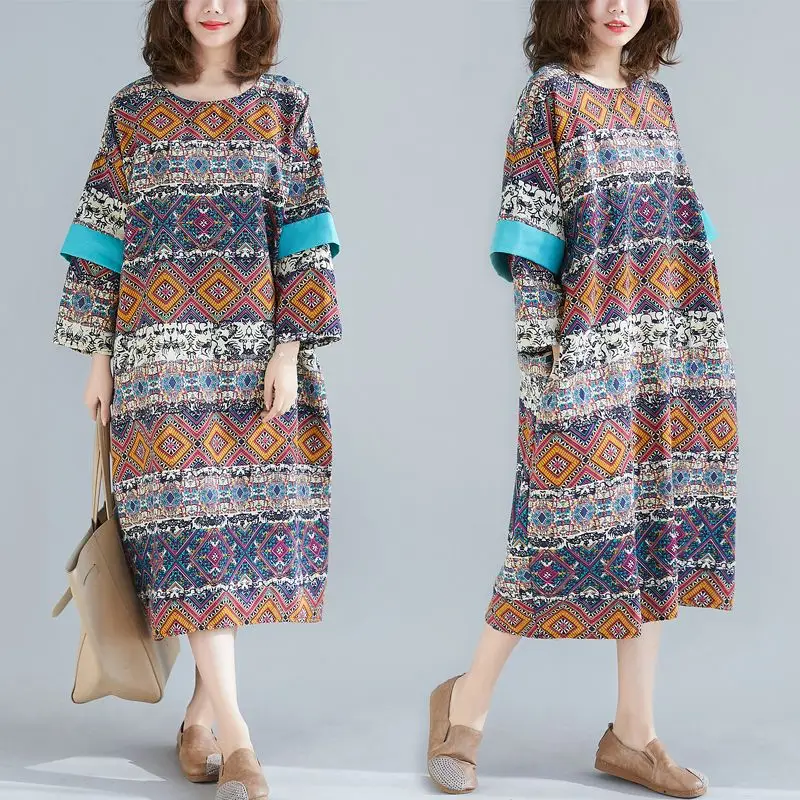 

NYFS 2020 New Spring women dress Vintage Double sleeve Women dress Cotton linen Printing long dress Vestidos Robe Elbise