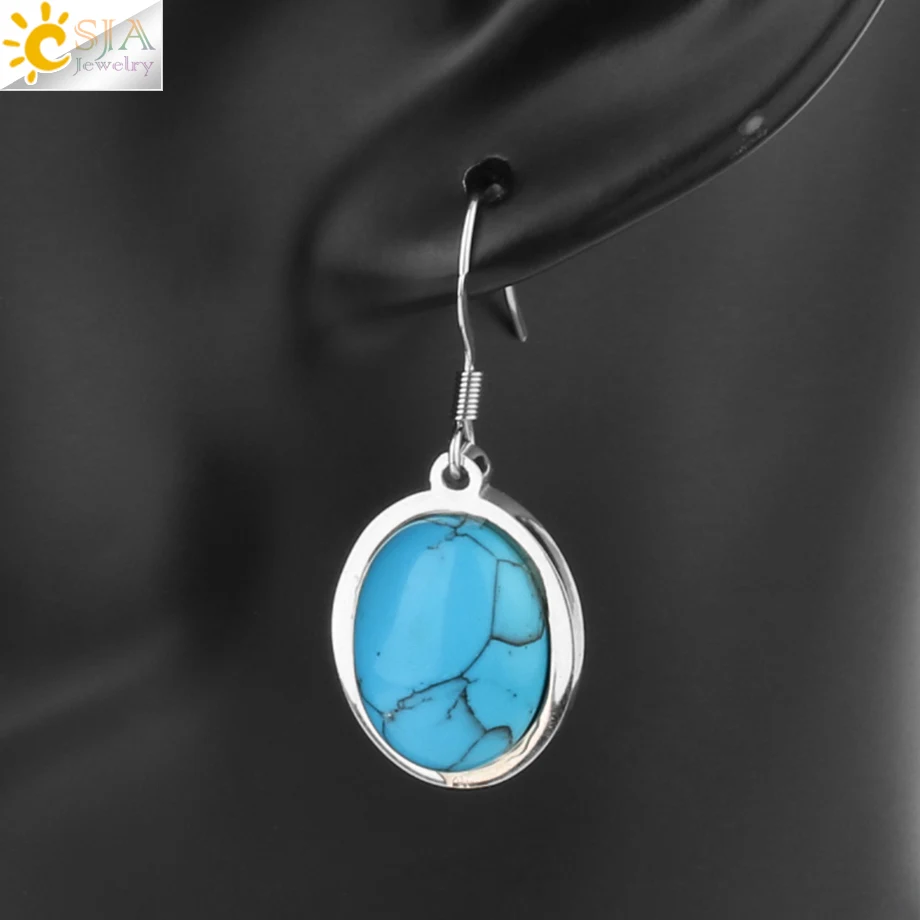 Blue Turquoise CSJA натуральный камень, фиолетовый с кварцевым тигровым глазом Лазурит Овальные бусины Серьги с простым дизайном стиль для женщин модные ювелирные изделия F120 - Окраска металла: Blue Turquoise