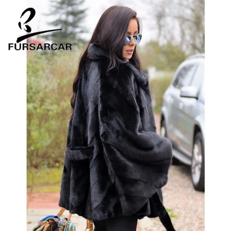 FURSARCAR природный натуральный мех пальто Женская цельная модная норка шуба Черная Стильная роскошная женская Норковая Шуба с рукавами «летучая мышь»
