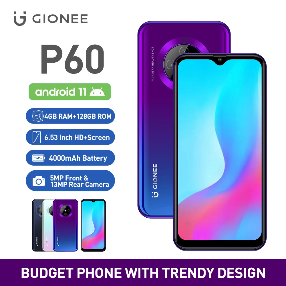 

GIONEE P60 мобильный телефон Глобальная версия Android 11 4GB128GB 6,53 дюймов HD + экран смартфон 4000 мАч Восьмиядерный 13MP мобильный телефон