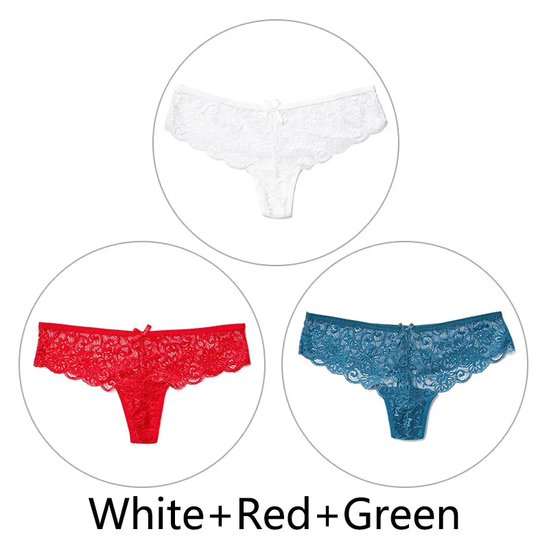 White Red Green 3 шт., сексуальные кружевные трусики женские стринги и стринги, открытая низкая талия, нижнее белье, прозрачные танга, женское нижнее белье, дышащее - Цвет: White Red Green