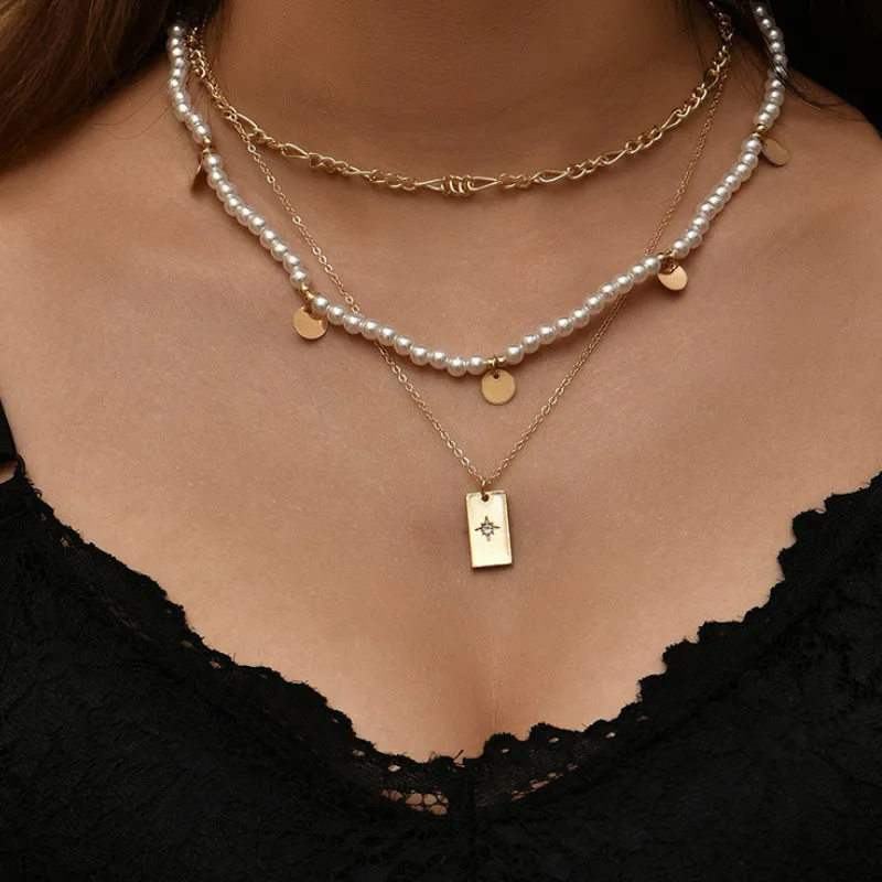 

2021 Vintage Pearl Square Pendant Multilayer Necklace for Women Gifts Party Exquisite Jewelry