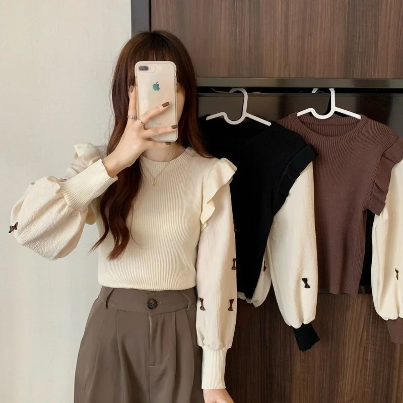 Женский трикотажный топ с оборками рубашка рукавами-фонариками и бантом на осень