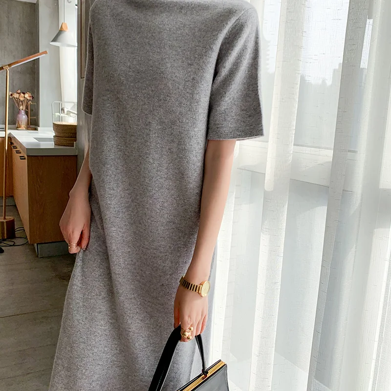 

beliarst Spring new pure wool dress woman half-high collar long loose large size pullover sweater short sleeve bottoming