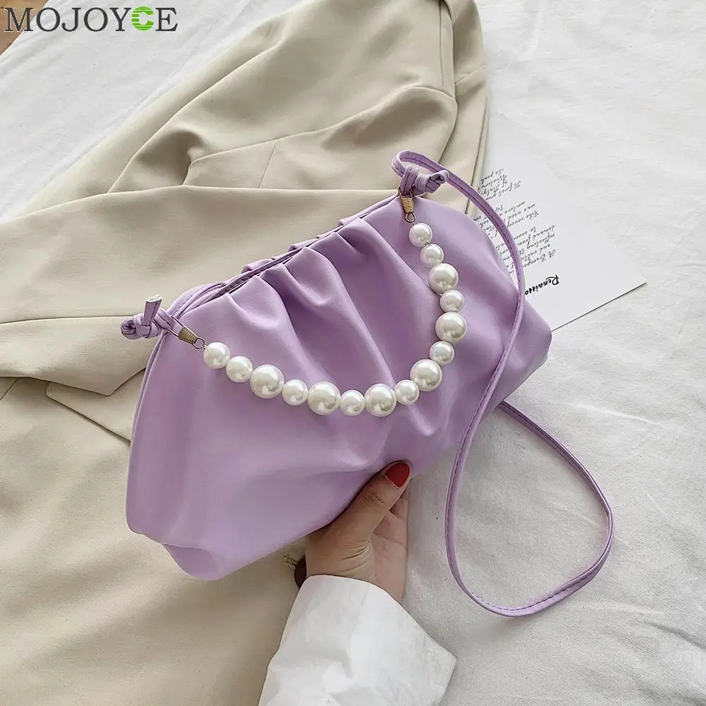 

Portable Women Pearl Handbag Tote PU Leather Lady Solid Color Cloud Shoulder Bag Youth Ladies Simple Versatile Bag