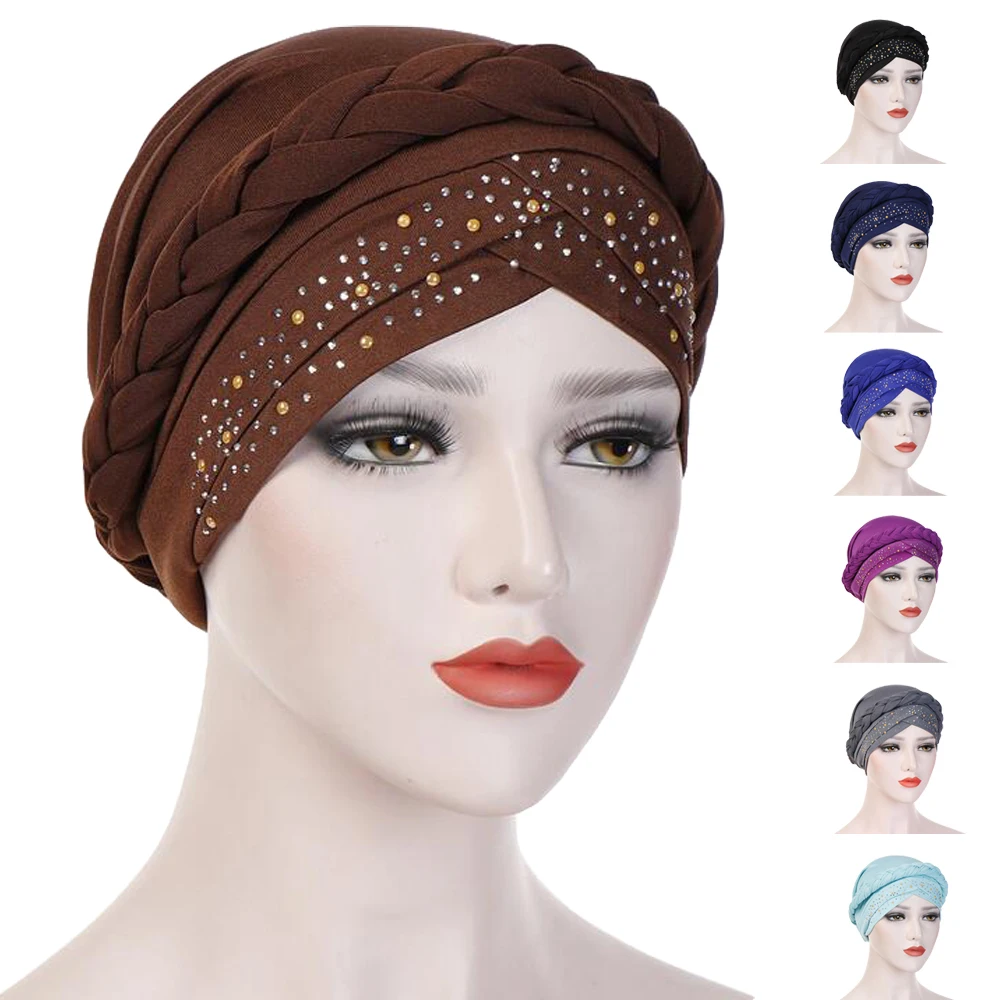 

Diamonds Braid Turban Women Muslim Hijab Head Scarf Wrap Beanies Bonnet Chemo Cap Cancer Hat Hair Loss Cover Headwear Skullies