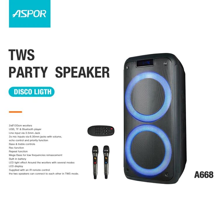 저렴한 ASPOR LED 조명과 마이크 2 개 무선 TWS 스테이지 스피커로 좋은 음질 최신 디자인 저렴한 ASPOR LED 조명과 마이크 2 개 무선 TWS 스테이지 스피커로 좋은 음질 최신 디자인