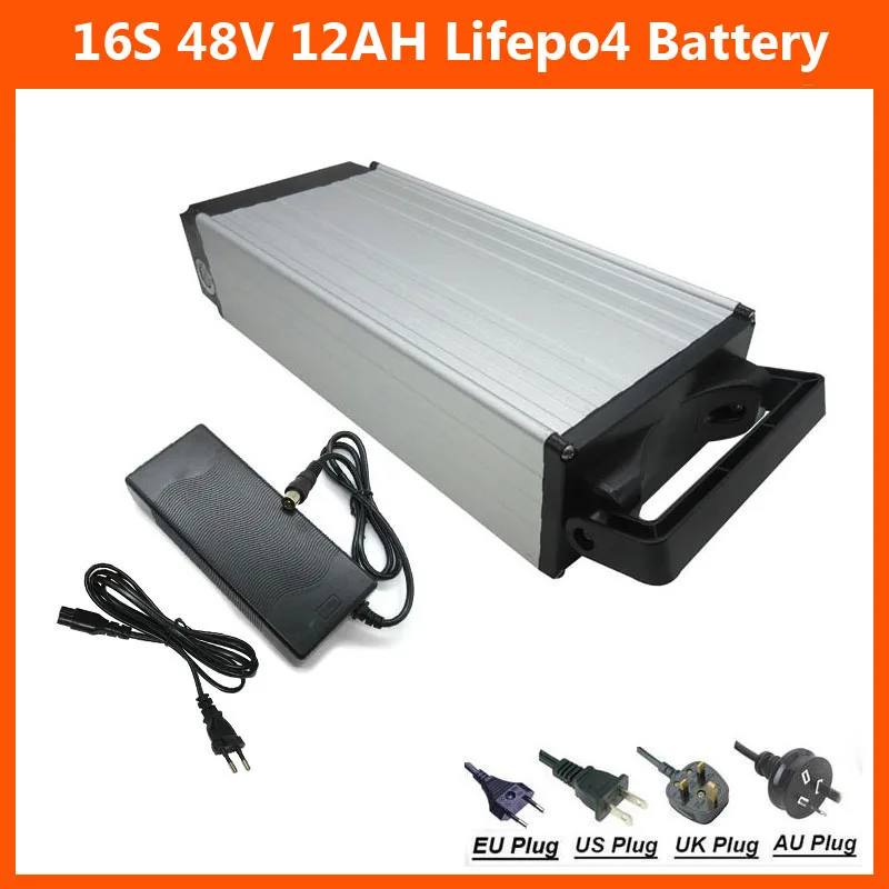

16S 48V 12AH Lifepo4 Rear Rack battery 500W 48 V Electric Bike Bicycle Battery pack with Aluminum case 15A BMS 58.4V 2A charger
