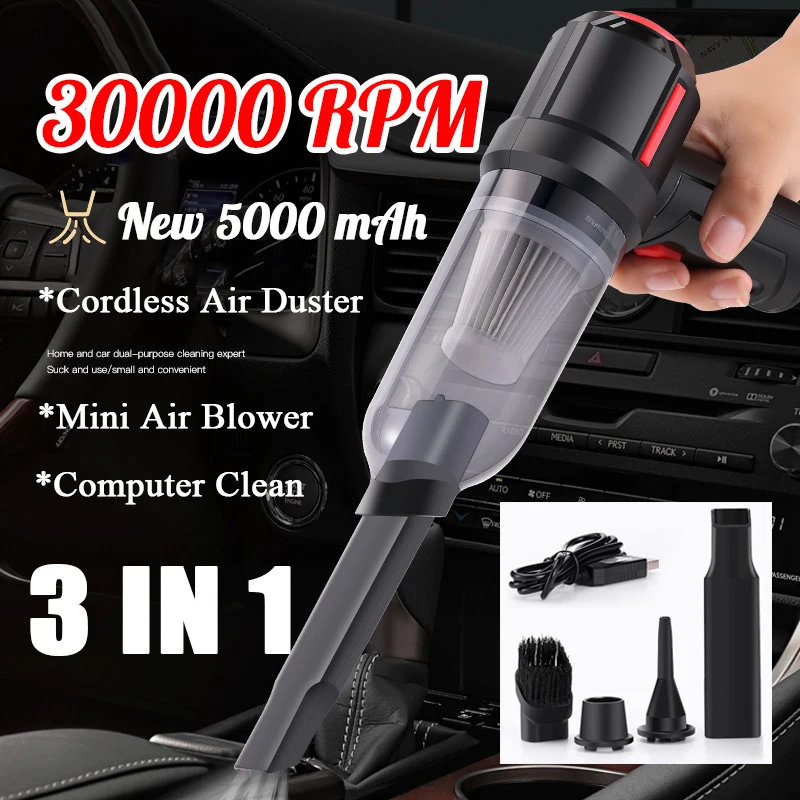 

30000RPM 3-IN-1 Mini Car Vacuum Cleaner & Air Blower Wireless Handheld Auto Vacuum Cleaner for Car Interior, Home, Computer, PC