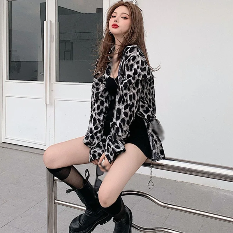

Women Retro Hong Kong Flavor Top Spring Autumn New Mid-Length Loose Long-Sleeved Leopard Print Blouse
