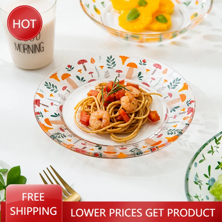 

Clear Glass Dinner Plates Decorative Kitchen Trinket Dish Floral Dessert Nordic Plate Breakfast Set Vajillas Glass Dish AA50CP