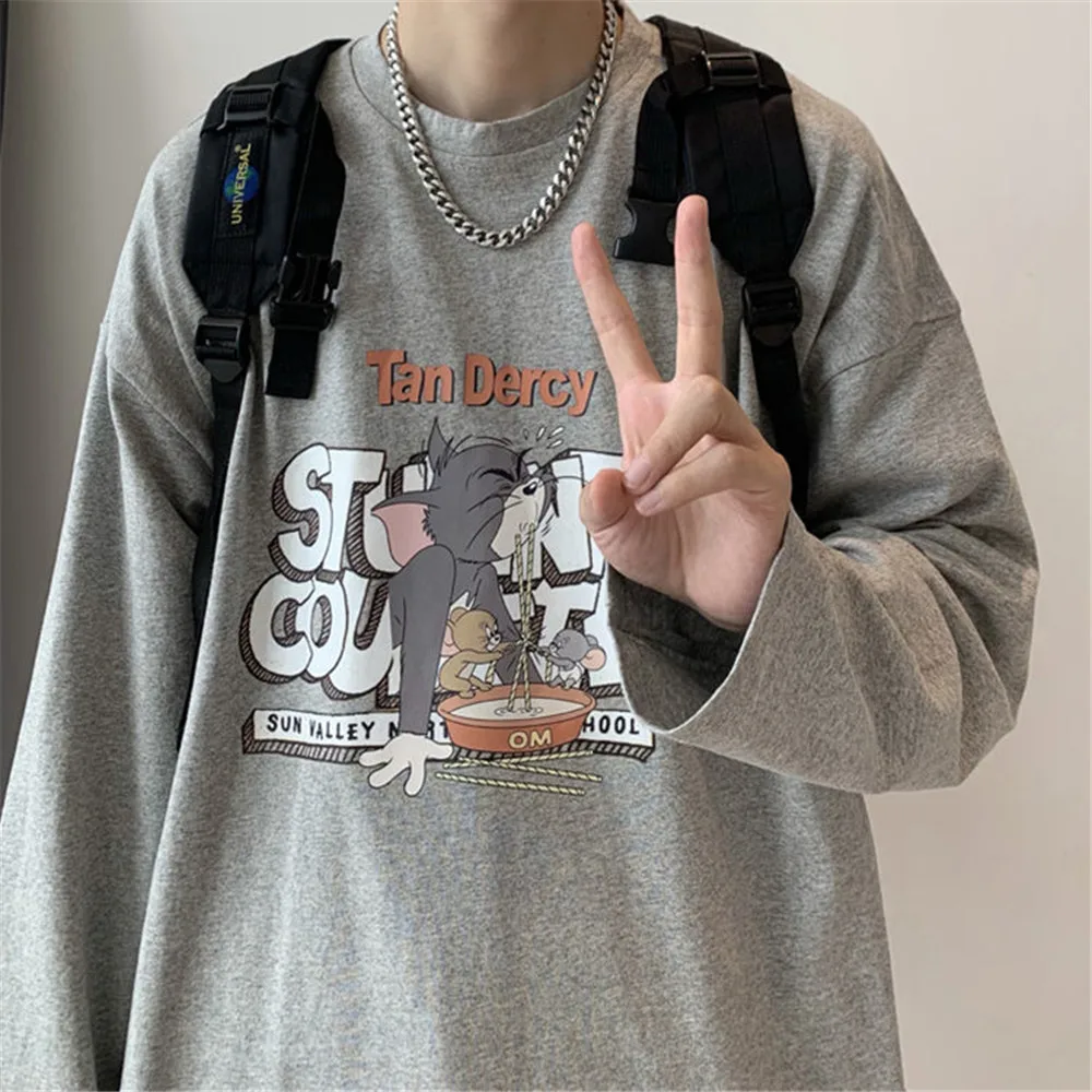 

Autumn Harajuku Solid Male Streetwear Tshirt Gothic Student Loose High Street Cartoon T Shirt Fashion Couple Tshirt Men Tops