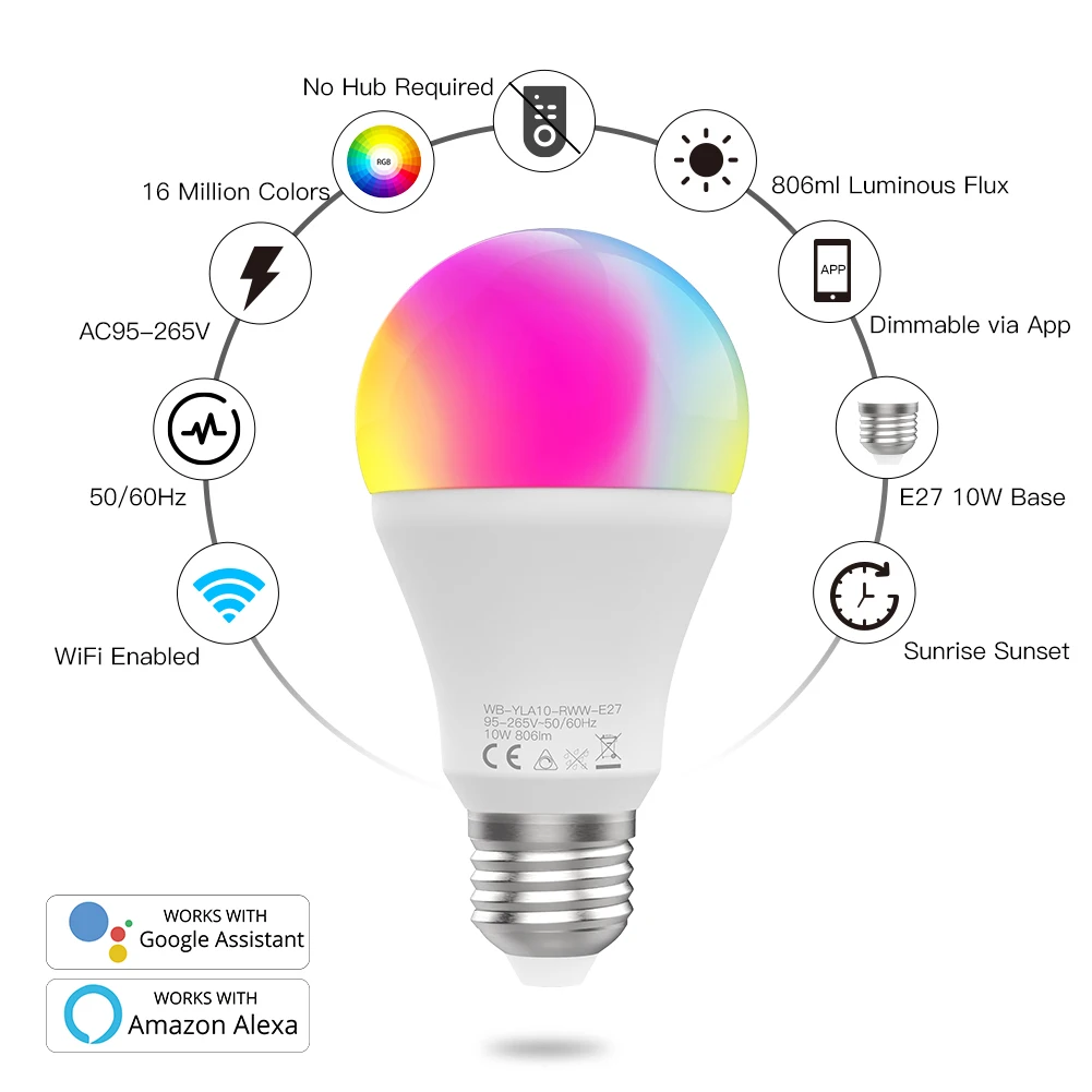 WiFi Smart LED Dimmable Lamp 10W RGB C+W Life Tuya App Remote Control Work with Alexa Echo Google Home E27 | Обустройство дома