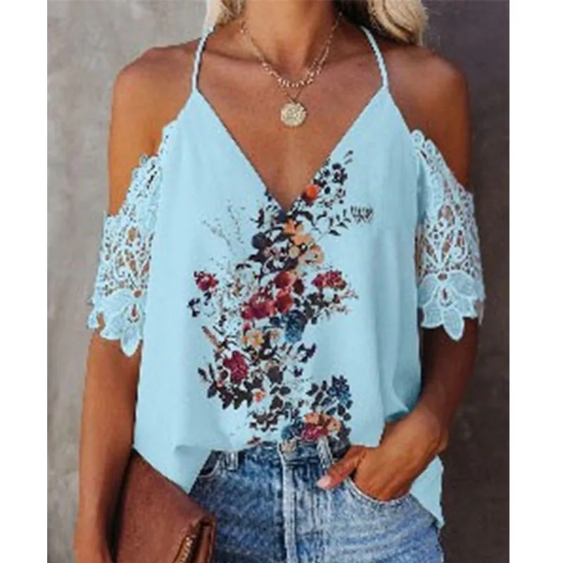 

New Lace V-neck Open Back Floral Print Top Summer Sexy Off Shoulder T-shirt Lady Flower Short-sleeved Pullover Casual Blouse