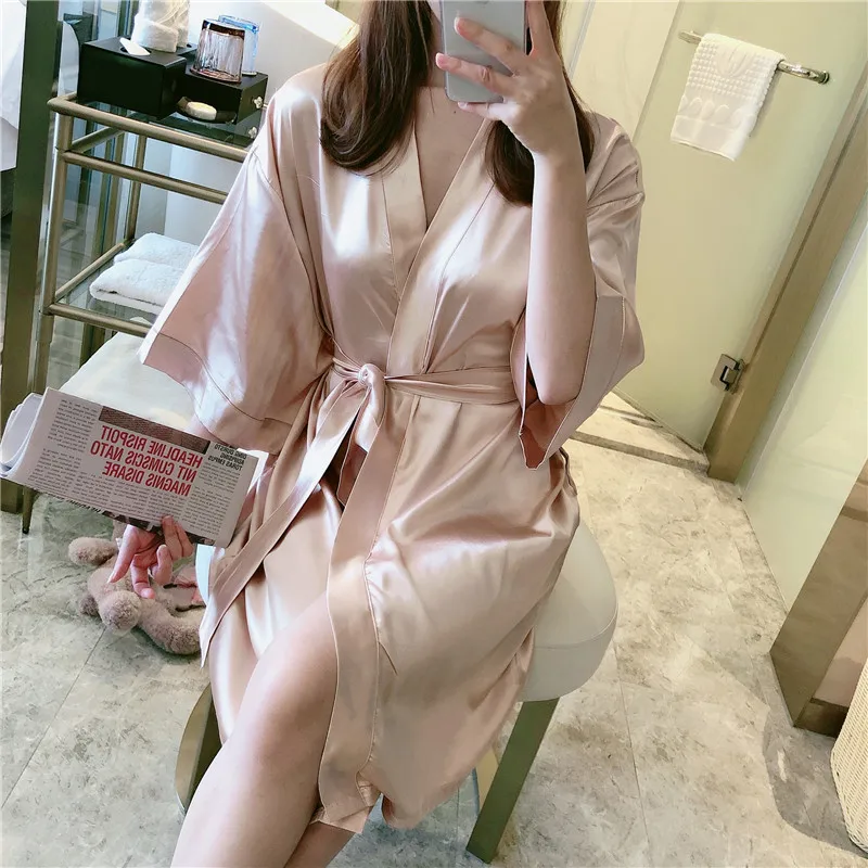 

Пижама женская Летний Шелковый халат пикантная весенне-осенняя Пижама-юбка тонкое длинное японское кимоно с надписью Домашняя одежда абри...