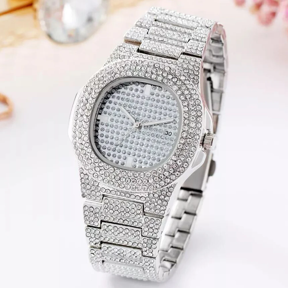 

Full Bling Diamond Watch for Men Hip Hop Iced Out Men Watches Stainless Steel Luxury Quartz Watch Man Waterproof Montre Homme