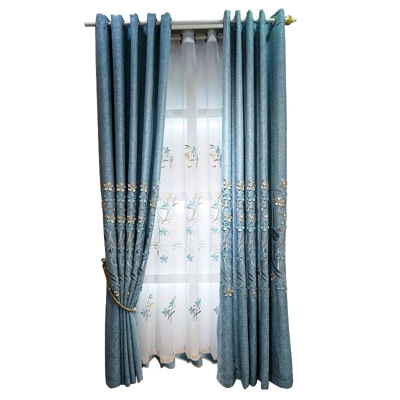 

European Semi Blackout Curtains for Living Room Bedroom Blue Curtain Floral Embroidery Tulle Thick Chenille Blinds Girls Drapes