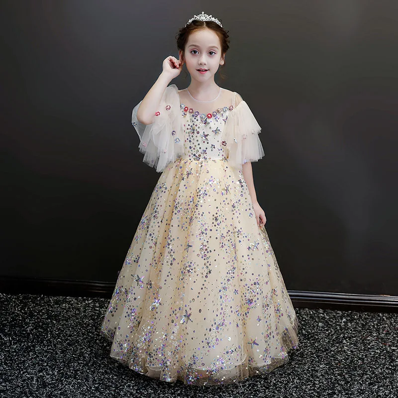 

Apricot Bling Stars Sequins Lace Dresses Sweet Litter Girl Flare Sleeve Princess Dress Elegant Off Shoulder Birthday Prom Gown