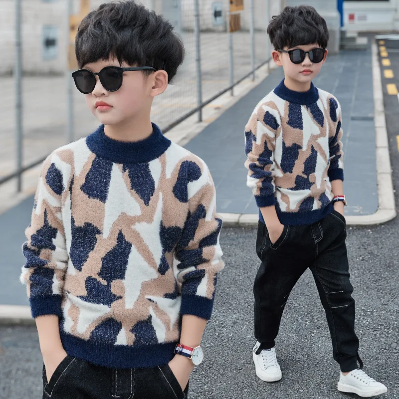 Камуфляжные свитера с принтами для мальчиков подростков бархатные теплые