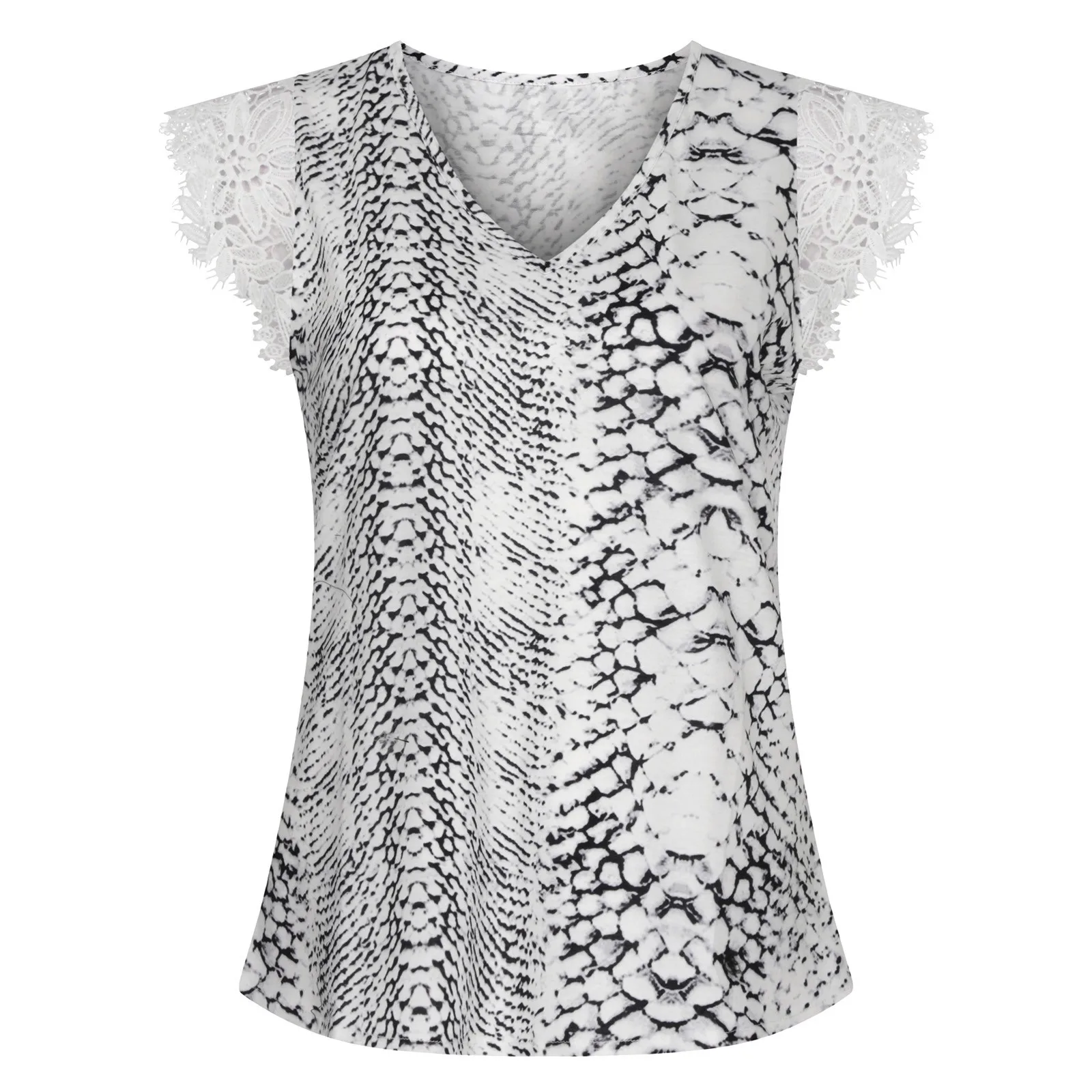 

Summer Women Tops Fashion Printed V Neck Lace Trim Short Sleeve Shirt Top Casual Plus Size Pullover Shirts Women Clothing