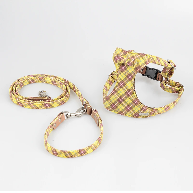 

Plaid Dog Harness and Leash Set Bowtie Mesh Padded for Small Medium Dogs Puppy Pet Walking Harness Yorkshire Chihuahua