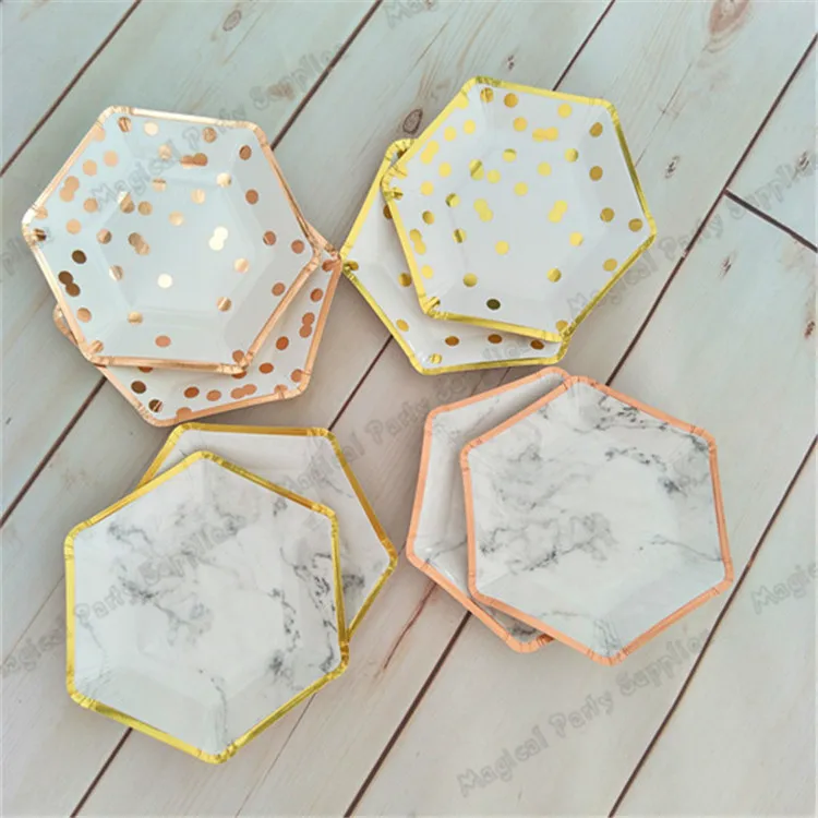 800pcs Gold Dessert Dishes Rose Paper Plates Polka Dot Marble Design Bridal Shower Cake Table Birthday Party Modern Decor|decoration