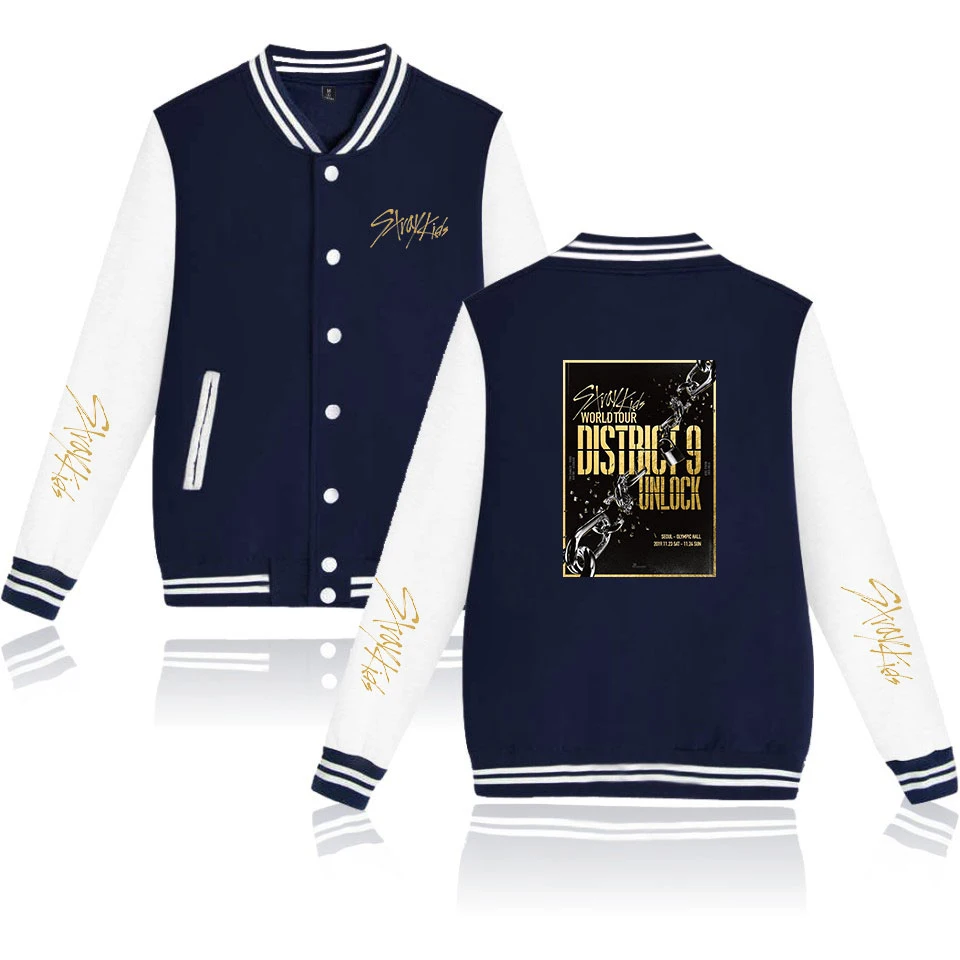 New 2020 Stray Kids Their World Tour District 9 Unlock 2D Print Baseball Sweatshirt Casual Jacket Men/women Clothes | Мужская одежда