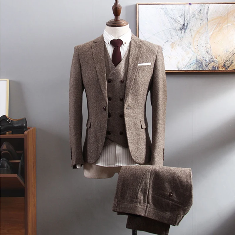 New Arrival khaki Tweed Groom Tuxedos Notch Lapel Groomsmen Mens Wedding Business Prom Suits 3Pieces Suits (Jacket+Pants+Vest)