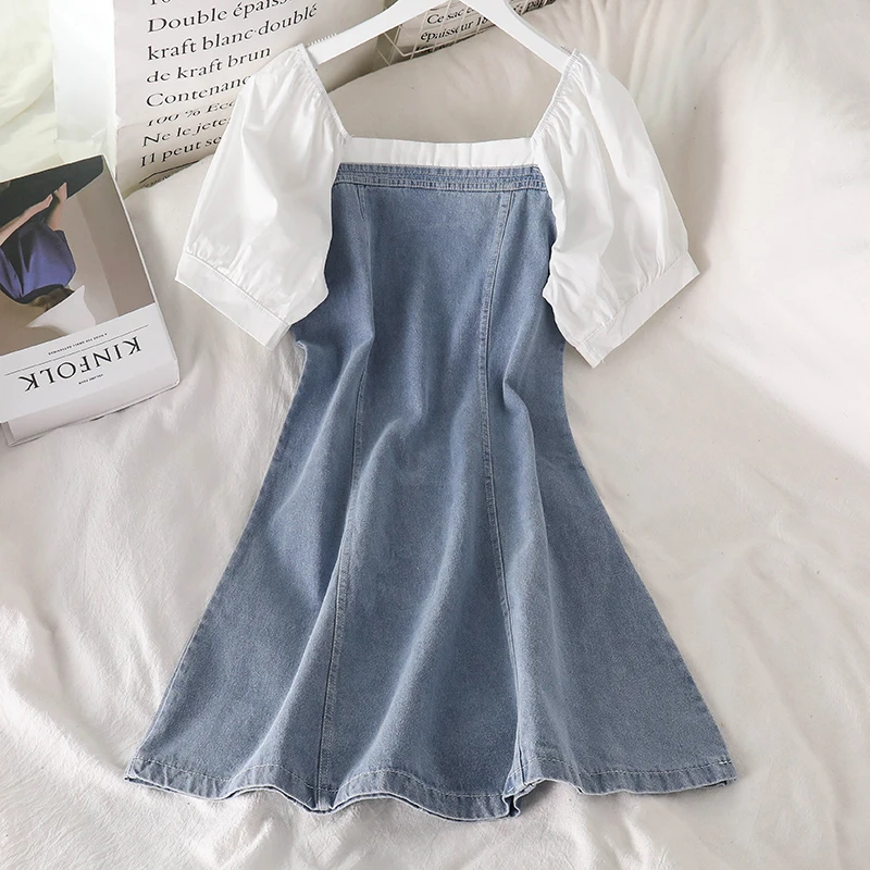 

Женское джинсовое платье с открытыми плечами, платье из двух частей с квадратным вырезом и рукавами-фонариками в стиле интернет-знаменитос...