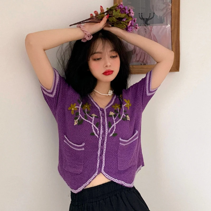 Женские вязаные футболки с цветочной вышивкой винтажные свободные рубашки