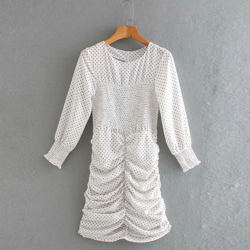 

2020 Summer Women Vintage Dot Pleated Dress Long Sleeve O-Neck Elasticity Pencil Dresses Female Elegant Street Mini Dress