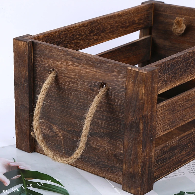

Creative Household Wooden Rectangular Storage Basket with Rope Handle Vintage Rustic Hollow Out Organizer Bin Box Crates