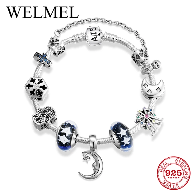 

925 Sterling Silver Snake bone chain Charm Bracelet With Moon Star Cross CZ Glass Beads Bracelet For Women Party Jewelry Gift