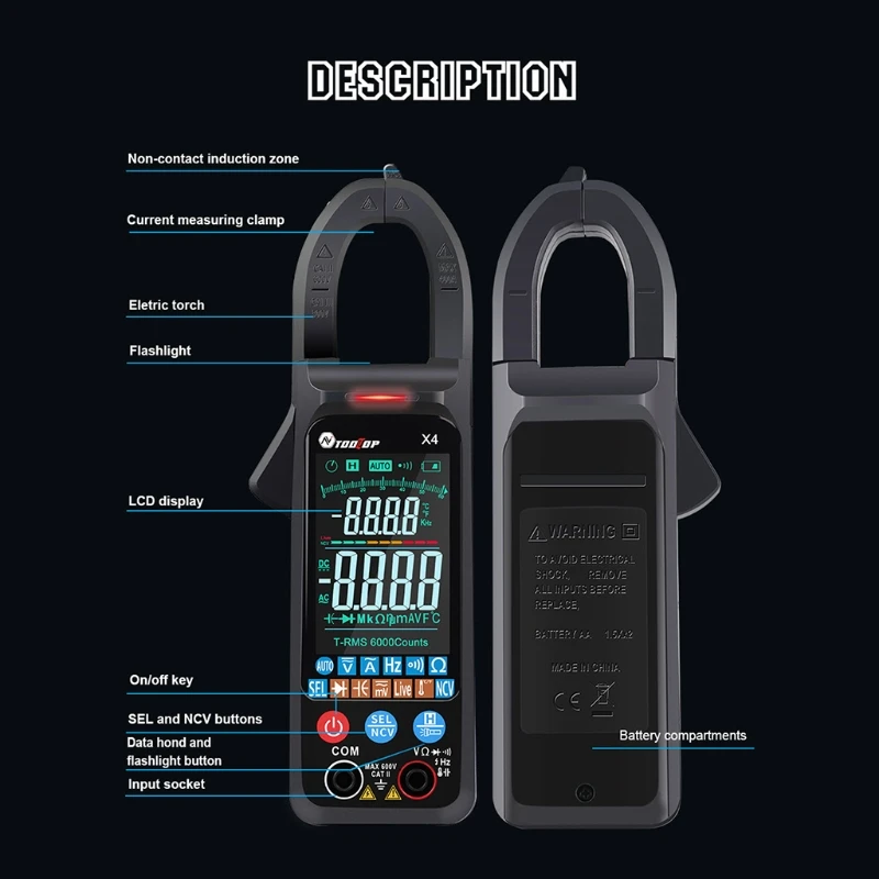 

Мультиметр портативный с цветным ЖК-дисплеем, 6000 отсчетов, Бесконтактный индикатор напряжения и силы тока