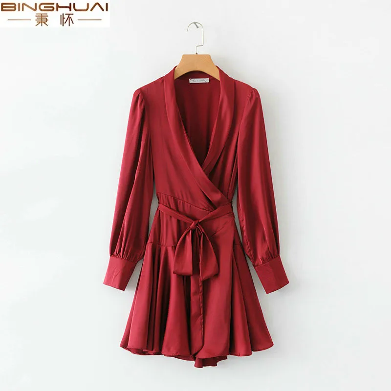 Женское однотонное платье с запахом весеннее v образным вырезом бантом поясом и