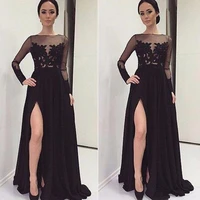 split prom dresses 2019 black appliques sexy chiffon floor length a line evening gowns with long sleeves cheap lace prom dress