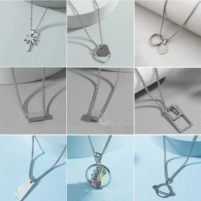 

New Stainless Steel Necklace For Men Geometric Rectangle Coconut Tree Love Heart Pendant Necklace Jewelry Gifts For Boyfriend