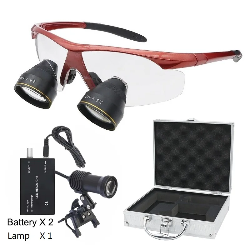 

2.5X профессиональные стоматологические очки, светодиодная фара с 2 батареями, коробка из алюминиевого сплава для Стоматологической Лупы