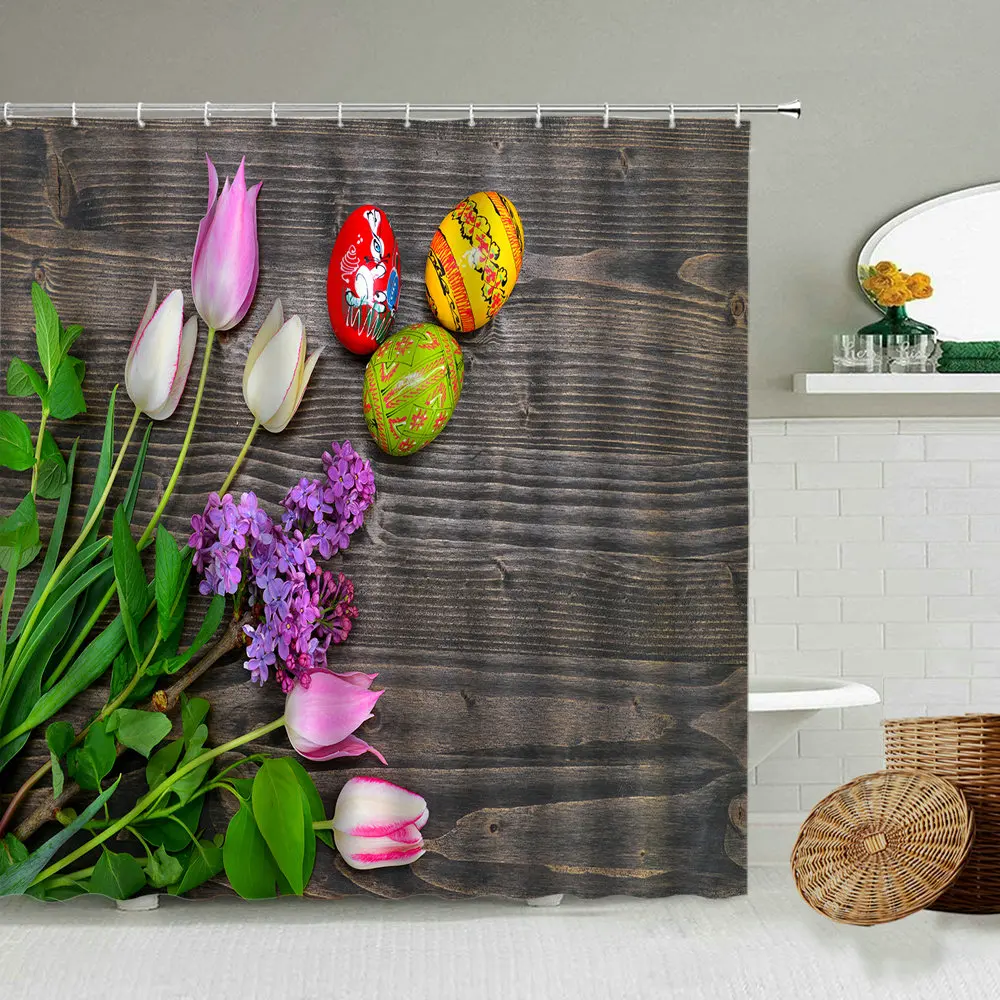 

Декоративная Водонепроницаемая занавеска для душа, деревянная ретро-занавеска в виде цветка тюльпана, пасхальных яиц, с крючком, для ванной...