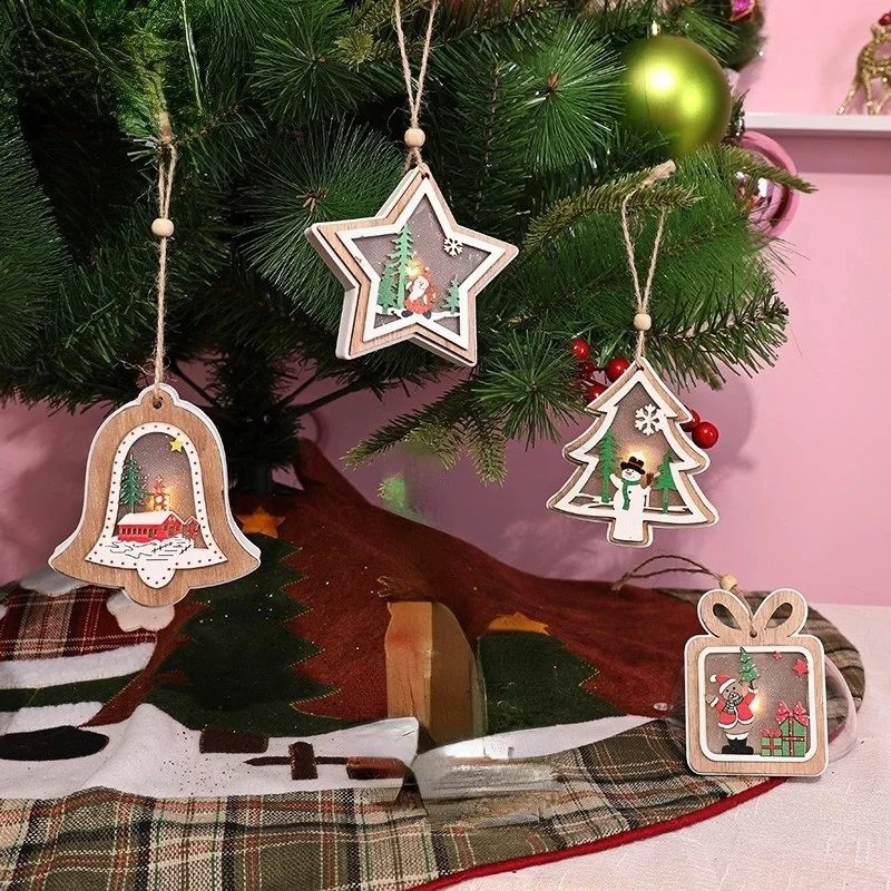 

LED Luminous Wooden Five-pointed Star Small Tree Pendant 11cm Christmas Tree Ornaments New Year Children's Gifts Home decoration