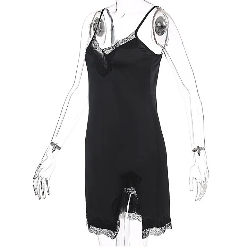 

Western Style Ins Internet Celebrity Lace Spaghetti-Strap Slit Short Pullover Dress Home Skirt